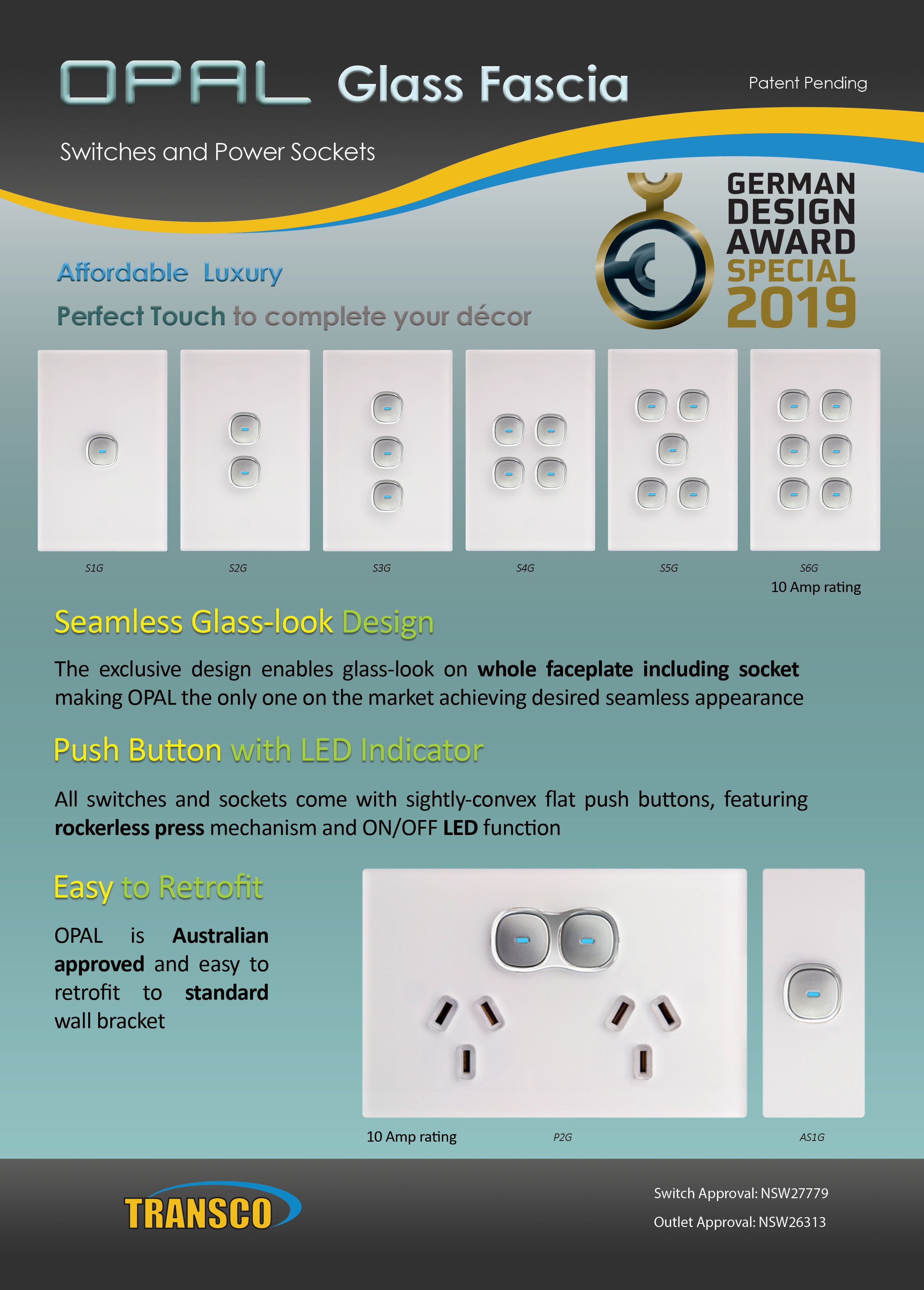 Transco OPAL Glass Look Power Outlet and Switch
